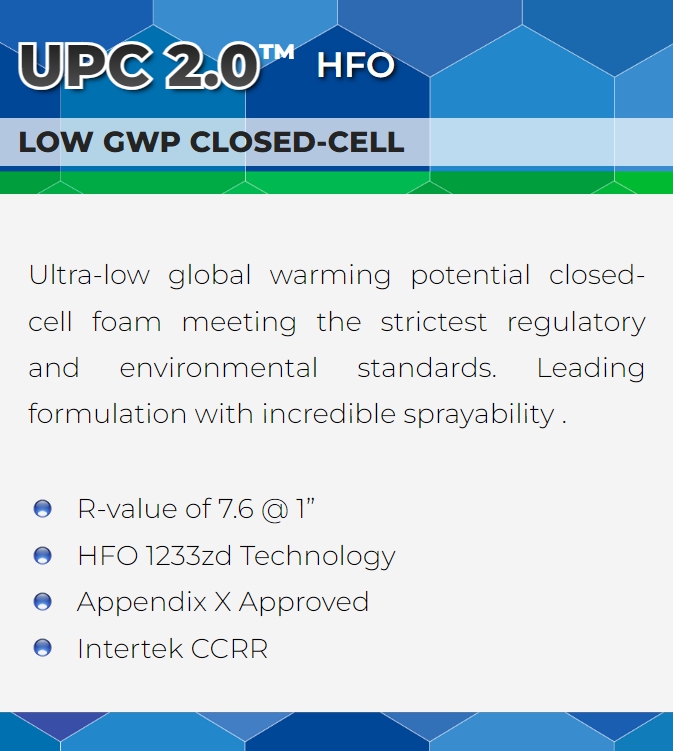UPC 2.0 HFO low gwp closed-cell spray foam for sale at appalachian insulation supply inc